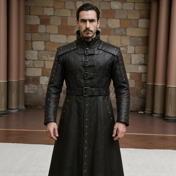 ジャケット・アウター MEN'S MELROSE Mods long coat Black Gothic Leather Trench Coat for Men | Medieval Vampire Hunter