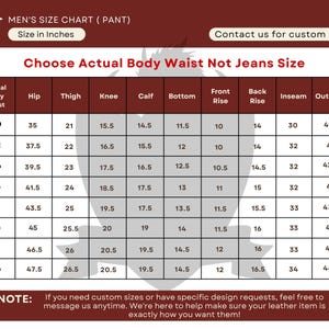 May include: A size chart for men's pants, in inches, with measurements for waist, hip, thigh, knee, calf, bottom, front rise, back rise, inseam, and outseam. Includes a note about custom sizes.