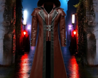Gothic Hooded Leather Trench Coat: Maroon & Black Assassin Cosplay