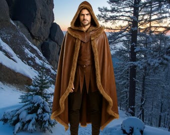 Brown Leather Hooded Cloak: Faux Fur Trim, Medieval Cosplay Cape