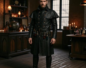 Gothic Cosplay Leather Trench Coat with Utility Belt – Genuine Leather – Steampunk Fantasy Costume