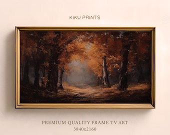 Pode incluir: Pintura de paisagem emoldurada que retrata uma cena de floresta de outono. A obra de arte apresenta um caminho que leva à distância, ladeado por árvores com folhagem laranja e marrom. Os textos "KIKU PRINTS" e "PREMIUM QUALITY FRAME TV ART" são visíveis.