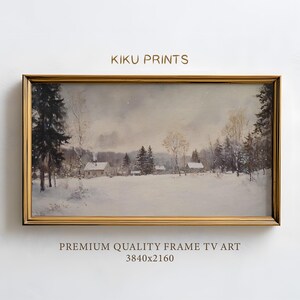 Neutral Frame TV Winter Village Oil Painting, Frame TV Winter Nature Art, Rustic Landscape Cottagecore Decor, TV Art Instant Download |TV311