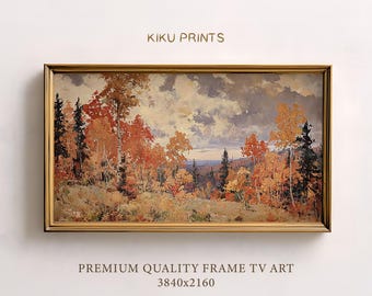 May include: Framed landscape art print featuring a vibrant autumn forest scene with trees in shades of red, orange, and yellow. The artwork is set against a cloudy sky and is labeled "KIKU PRINTS" and "PREMIUM QUALITY FRAME TV ART 3840x2160".