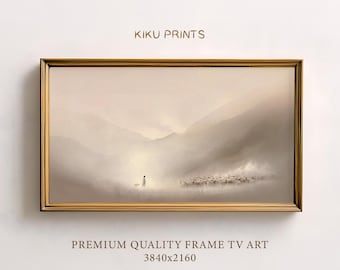 Minimalist Christian Frame TV Art The Lost Sheep, Neutral Jesus The Good Shepherd Wall Art, Abstract Landscape Soft Neutral Tones | TV132H