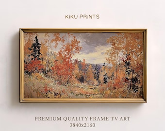 May include: A framed landscape painting depicting an autumn forest scene. The artwork features trees with vibrant red, orange, and yellow leaves, set against a backdrop of a cloudy sky. The frame is gold-colored, and the text "KIKU PRINTS" is visible.