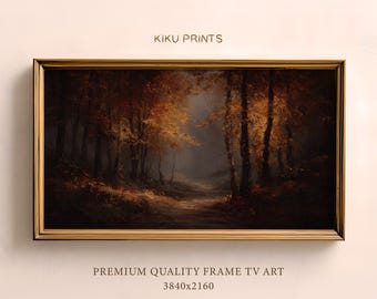 Misty Autumn Forest Path Frame TV Wall Art, Fall Landscape Digital Oil Painting, Dark Woods Impressionist Painting, TV Screensaver | TV521