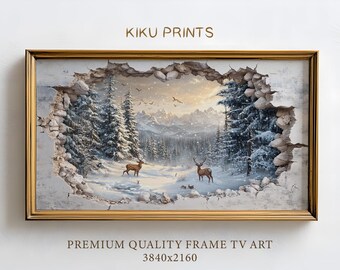 Winter Frame TV 3D Mural Style Art, Deer in Winter Snowy Forest and Mountains, Winter Deer Frame TV Christmas Background | TV115