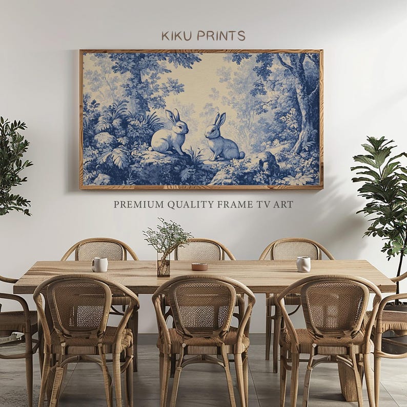 May include: A framed print of two white rabbits in a blue and white forest scene. The print is in a wooden frame and is hanging on a white wall. The text "KIKU PRINTS" is above the print and the text "PREMIUM QUALITY FRAME TV ART" is below the print.