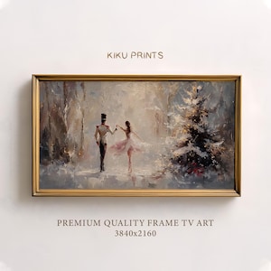 May include: A framed painting shows a soldier and a ballerina dancing in a snowy forest. The artwork, with a gold frame, features a winter scene with a Christmas tree. The text "KIKU PRINTS" is at the top.