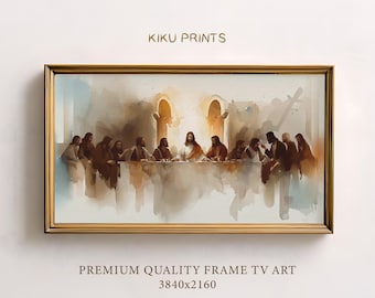 May include: Framed watercolor print of the Last Supper. The artwork features a warm color palette with figures seated at a long table. The frame is gold-colored, and the text "KIKU PRINTS" is at the top. The text "PREMIUM QUALITY FRAME TV ART 3840x2160" is at the bottom.