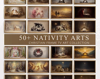 May include: A collection of framed nativity art prints. The images depict various scenes from the Nativity story, including the birth of Jesus, the visit of the wise men, and the adoration of the shepherds. The text reads "50+ Nativity Arts Christian Frame TV Art Collection."