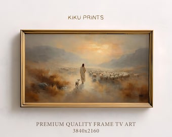 Neutral Easter Samsung Frame TV Art Jesus Leaving The 99 Bible Verse, Christian Cottagecore Decor, Vintage Bible Painting | TV116H
