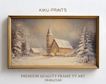 Puede incluir: Un cuadro rectangular de paisaje en marco dorado que muestra una iglesia de piedra con ventanas iluminadas en un bosque nevado. El texto KIKU PRINTS, PREMIUM QUALITY FRAME TV ART y 3840x2160 es visible sobre y bajo la obra.