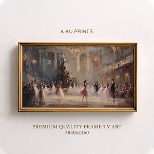 May include: A framed painting depicts a ballet scene in a grand hall. Dancers in pink and white gowns perform on a stage, with an audience watching from balconies. The artwork has a gold frame and the text "KIKU PRINTS" and "PREMIUM QUALITY FRAME TV ART 3840x2160".