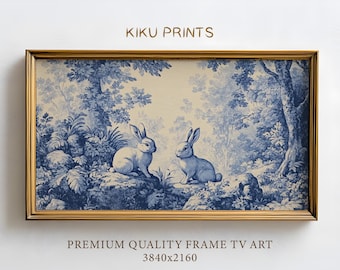 Spring Frame TV Art Easter Bunny Blue Toile, Chinoiseries Rabbit Tapestry, Victorian French Spring Landscape, Floral TV Wallpaper | TV405