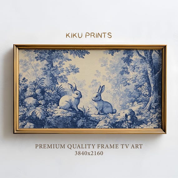 Spring Frame TV Art Easter Bunny Blue Toile, Chinoiseries Rabbit Tapestry, Victorian French Spring Landscape, Floral TV Wallpaper | TV405