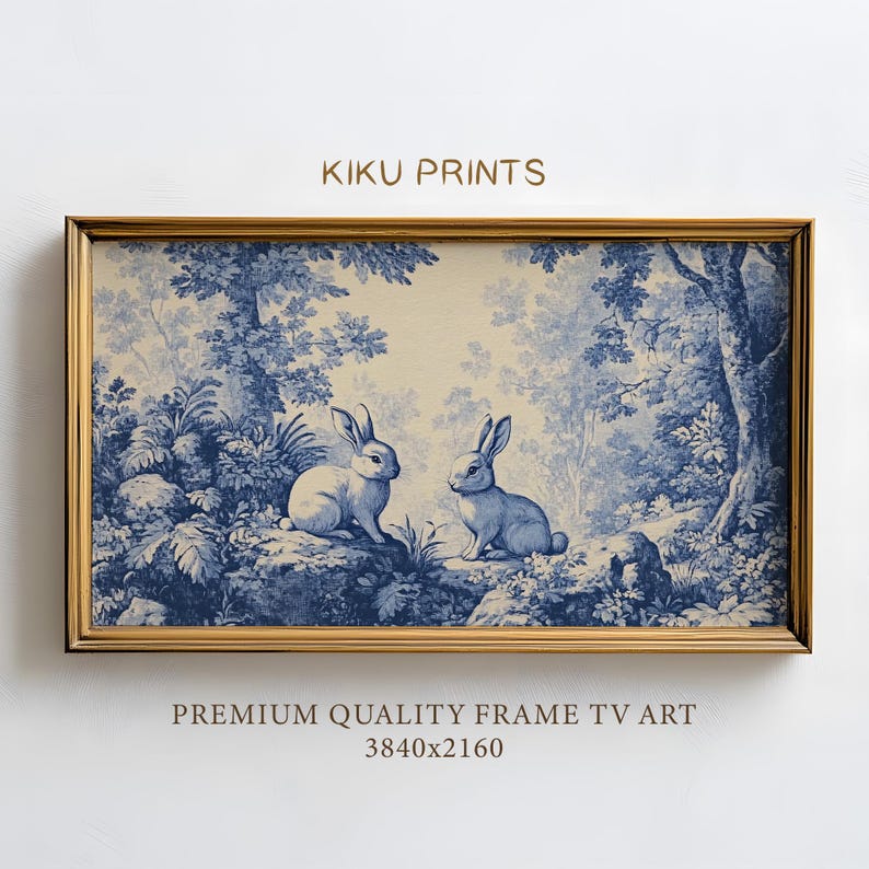 May include: A framed print of two white rabbits in a blue and white forest scene. The print is in a gold frame and has the text "Kiku Prints" at the top and "Premium Quality Frame TV Art 3840x2160" at the bottom.