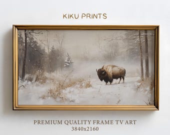 Winter Landscape Frame TV Bison Forest Oil Painting, Vintage Frame TV Art Winter Buffalo, Rustic Neutral American Bison TV Wallpaper | TV319