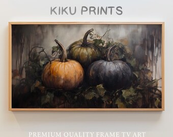 Dunkle Herbst Halloween Rahmen TV Kunst, rustikale Herbst Kürbis Ölgemälde, stimmungsvolle Bauernhaus Thanksgiving Dekor | Digitaler Download TV022