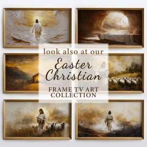 May include: A collection of five framed paintings depicting scenes from the Christian faith. The paintings feature Jesus walking on water, Jesus in the tomb, Jesus with sheep, and Jesus walking on water. The paintings are all in a gold frame and have a white background.