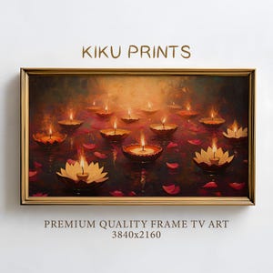 May include: A framed artwork featuring a serene scene of floating candles in lotus-shaped bowls, with scattered petals. The painting has warm tones of orange, red, and brown. The text "KIKU PRINTS" is at the top, and "PREMIUM QUALITY FRAME TV ART 3840x2160" is at the bottom.