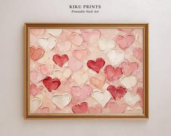 Printable Valentines Wall Art - Romantic Valentines Day Art Print Pink Red Hearts Painting Digital Download | P259H