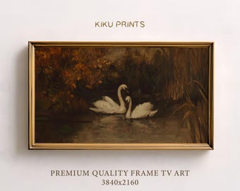 May include: Framed artwork featuring two white swans on a pond, surrounded by foliage. The painting has a vintage aesthetic with a gold frame. The text "KIKU PRINTS" and "PREMIUM QUALITY FRAME TV ART 3840x2160" are visible.