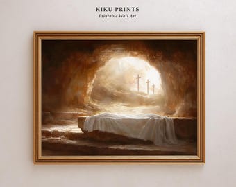 Jesus Empty Tomb Print, Resurrection Printable Wall Art, Neutral Christian Easter Painting, Cottagecore Christian Decor, LDS Art | 325H