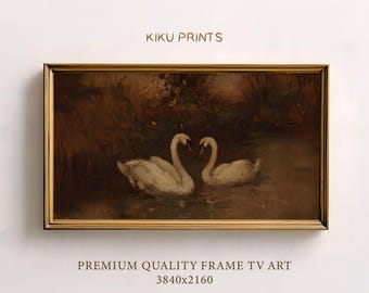 May include: A framed vintage painting featuring two white swans with curved necks forming a heart shape. The artwork is set against a dark, moody background with the text "KIKU PRINTS" and "PREMIUM QUALITY FRAME TV ART 3840x2160".