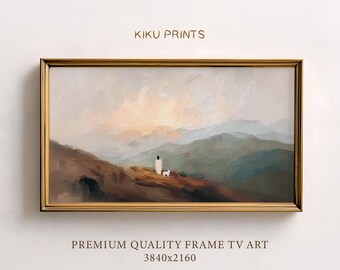 Könnte beinhalten: Gerahmter Landschaftskunst-Druck mit einer ruhigen Berglandschaft mit einer Figur und einem Hund. Das Kunstwerk befindet sich in einem goldenen Rahmen und enthält den Text "KIKU PRINTS" und "PREMIUM QUALITY FRAME TV ART 3840x2160". Die Farbpalette umfasst Braun-, Grün- und Blautöne.