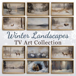 May include: A collage of 10 framed winter landscape paintings. The paintings feature snowy scenes with trees, animals, and a lake. The title "Winter Landscapes TV Art Collection" is displayed in the center of the collage.