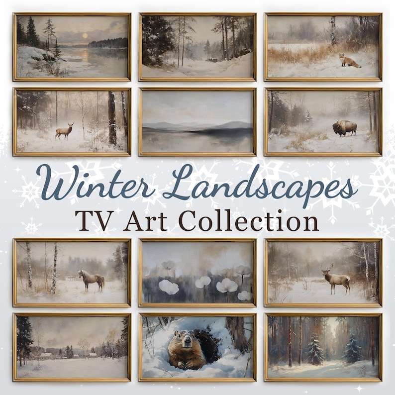 May include: A collage of 10 framed winter landscape paintings. The paintings feature snowy scenes with trees, animals, and a lake. The title "Winter Landscapes TV Art Collection" is displayed in the center of the collage.