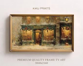 Pode incluir: Uma pintura emoldurada de uma livraria aconchegante em uma cena de neve. A loja tem uma fachada verde com o texto "BOOK SHOP" acima da entrada. A pintura está em uma moldura dourada e apresenta o texto "KIKU PRINTS" e "PREMIUM QUALITY FRAME TV ART 3840x2160".