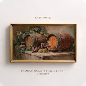 Könnte beinhalten: Gerahmtes Gemälde, das ein Stillleben mit zwei Weinfässern aus Holz, Trauben und Weingläsern zeigt. Das Kunstwerk hat eine warme Farbpalette mit dem Text "KIKU PRINTS" und "PREMIUM QUALITY FRAME TV ART 3840x2160".