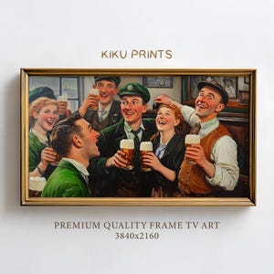 May include: A vintage painting of a group of friends enjoying drinks together in a pub setting. The painting features a group of people, including a woman with red hair, a man with a mustache, and a man with a beard, all smiling and laughing. The painting is set in a pub with wooden tables and chairs, and there are glasses of beer on the table. The painting is framed in a gold frame.