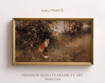 May include: A framed painting depicting a fox in a woodland scene. The artwork has a warm, autumnal colour scheme and is set within a gold-coloured frame. The text "KIKU PRINTS" and "PREMIUM QUALITY FRAME TV ART 3840x2160" are visible.