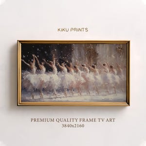 May include: A framed painting of ballet dancers in white tutus, arms raised, with a gold frame. The artwork includes the text "KIKU PRINTS" and "PREMIUM QUALITY FRAME TV ART 3840x2160". The image captures a graceful ballet performance.