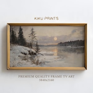 Cozy Winter Frame Tv Art Ice Lake, Neutral Landscape Frame TV Art Snow River, Vintage Frame TV Nature Oil Painting, 4K TV Screensaver |TV310