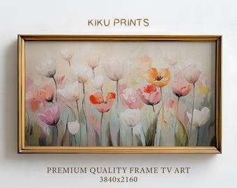 Soft Floral Frame TV Art Tulips, Spring Flowers Frame TV Art Easter, Pink White Tulips Neutral Oil Painting, Vintage TV Background | TV434