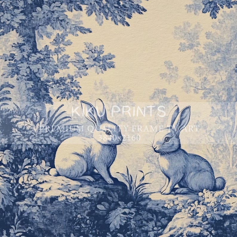 May include: Two blue rabbits sitting in a blue and white floral patterned forest. The rabbits are facing each other. The background is a light cream color.