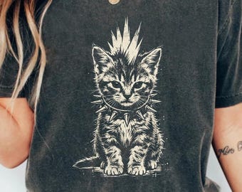 Punk Rock Mohawk Kitten Graphic Tee Cat Lover Shirt, Alternative Goth Kitten Cat Lover Birthday Gift, Edgy Grunge Cat Lover Graphic Tee