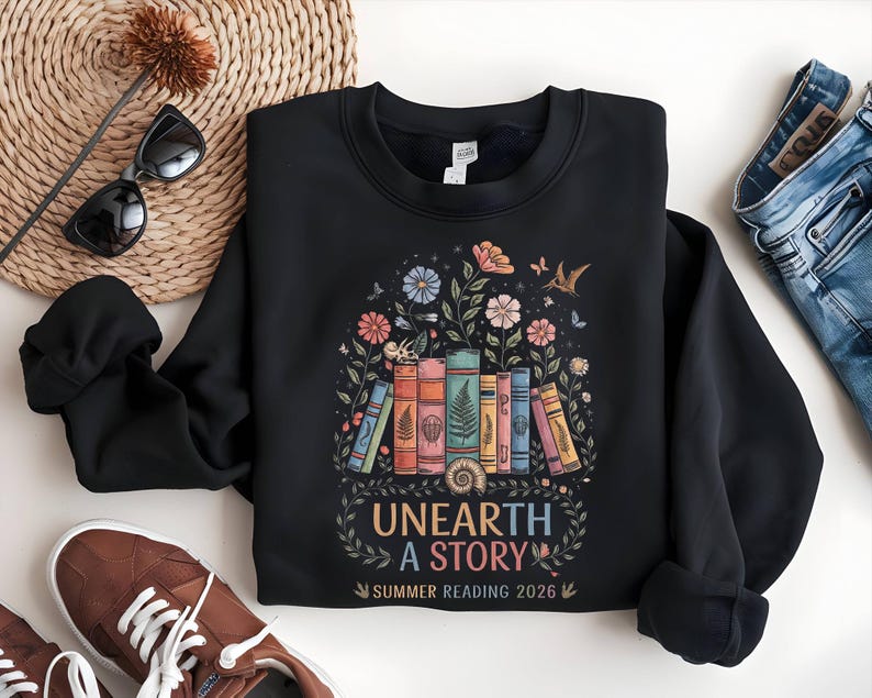 Unearth A Story Shirt, Summer Reading 2026, Fossil Book Lover Gift, Librarian Teacher Shirt, Archaeology Reader, Paleontology Science Gift image 3