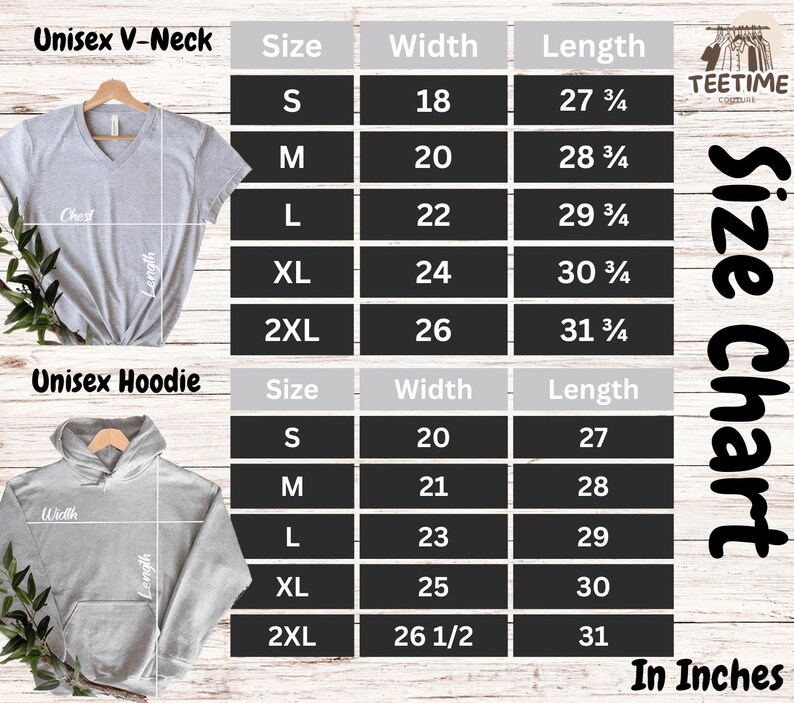May include: A size chart for unisex V-neck and hoodie shirts. The chart displays sizes S to 2XL, with corresponding width and length measurements in inches. The V-neck sizes range from 18" to 26" in width and 27.75" to 31.75" in length. The hoodie sizes range from 20" to 26.5" in width and 27" to 31" in length.