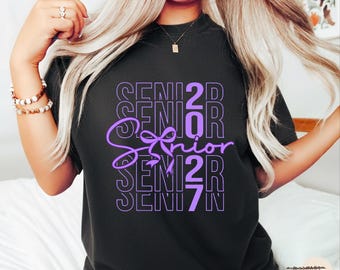 Senior 2027 Shirt with Bow – Cute Graduation Shirt for Girls, Class of 2027 High School Senior Tee, Purple Aesthetic