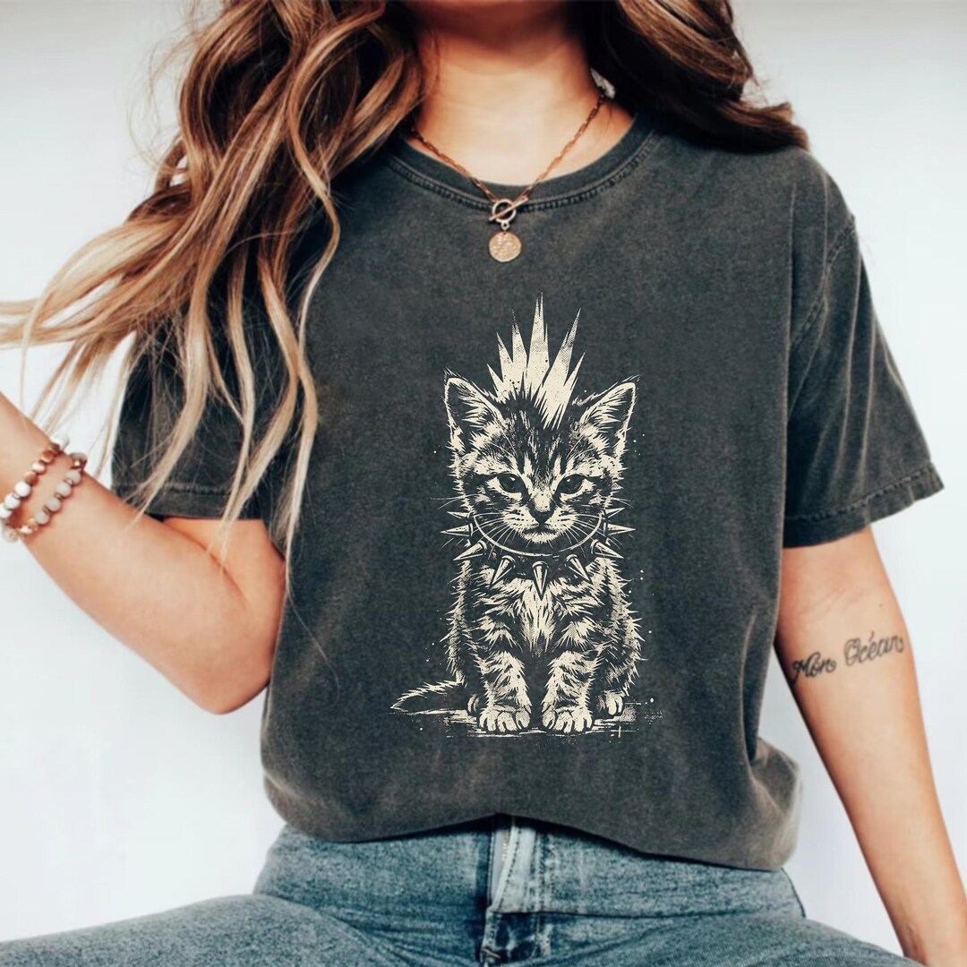 Punk Rock Mohawk Kitten Graphic Tee Cat Lover Shirt, Alternative Goth ...