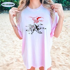 May include: A pink tie-dye t-shirt with a black and red graphic of a dragon flying over a mountain. The graphic includes the text "Blossom".