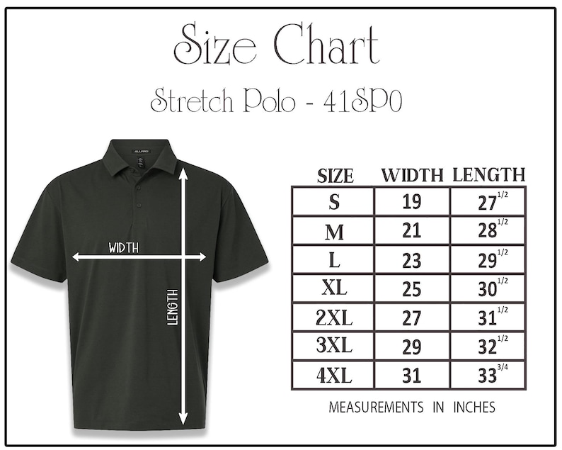 Może przedstawiać: Ciemnozielona koszulka polo stretch z kołnierzykiem, wyświetlana z tabelą rozmiar&oacute;w. Tabela pokazuje wymiary w calach, w rozmiarach od S do 4XL. Szerokości wahają się od 48.26 do 78.74 cm, a długości od 69.85 do 85.73 cm.