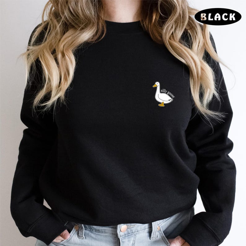 May include: Black sweatshirt with a white goose graphic and the text "silly goose" on the front.