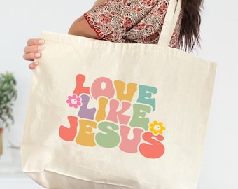 Bolsa de tela "Ama como Jesús", bolsa cristiana, idea de regalo religioso, bolsa de Jesús, ropa cristiana minimalista, camiseta para bautizo en la iglesia